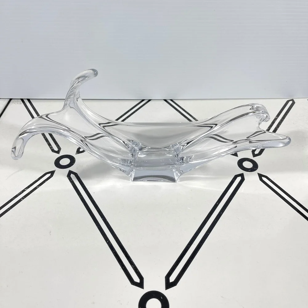 VTG Cofrac Art Verrier France Clear Crystal Winged Art Glass‎ Bowl Centerpiece